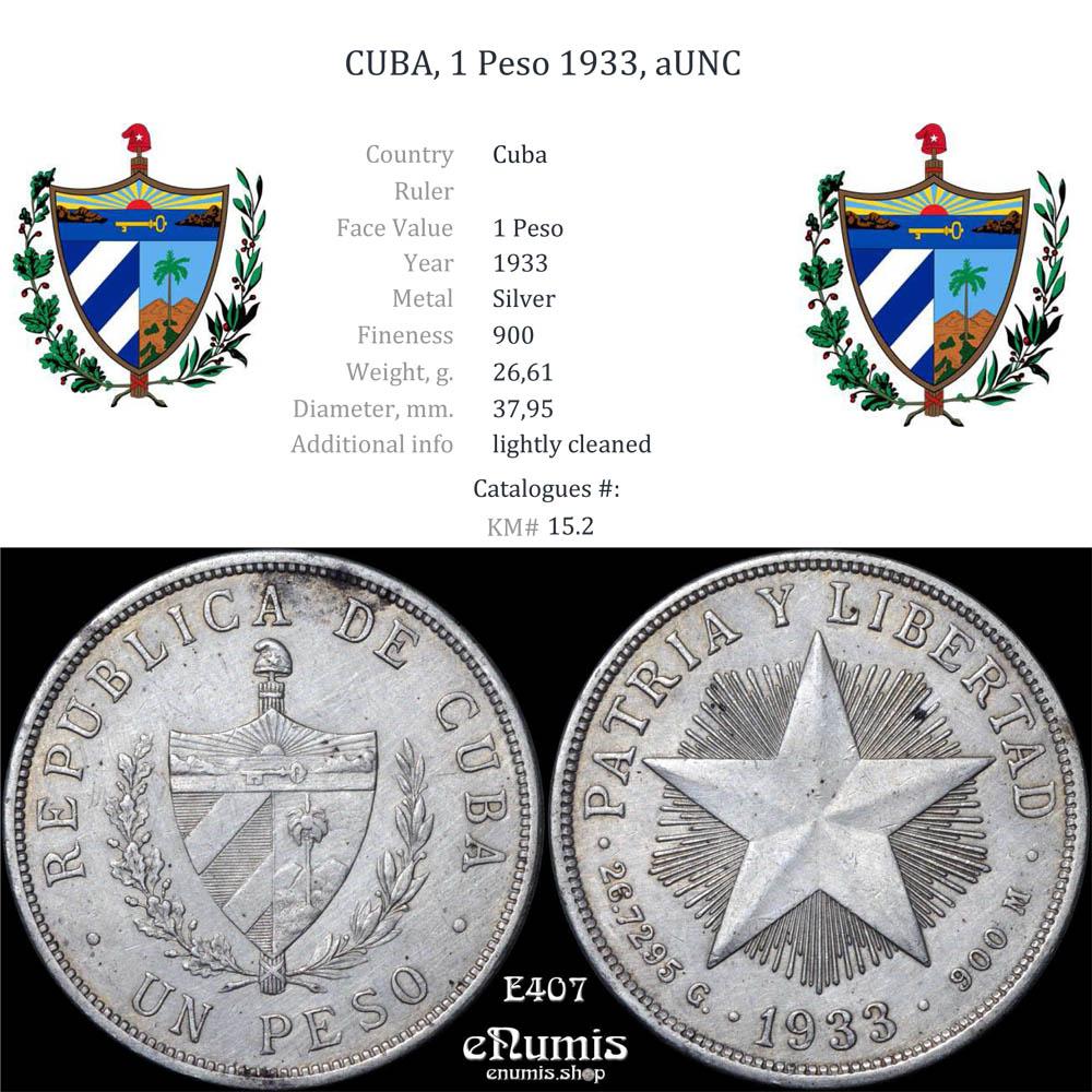 CUBA, 1 Peso 1933, aUNC