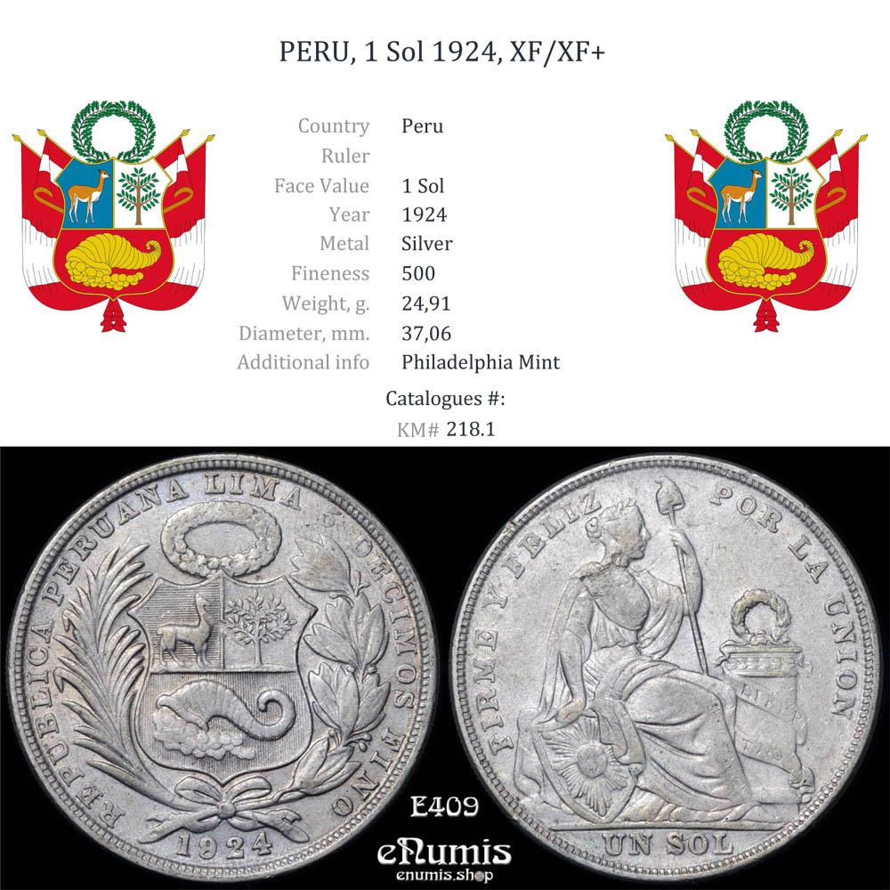 PERU, 1 Sol 1924, XF/XF+