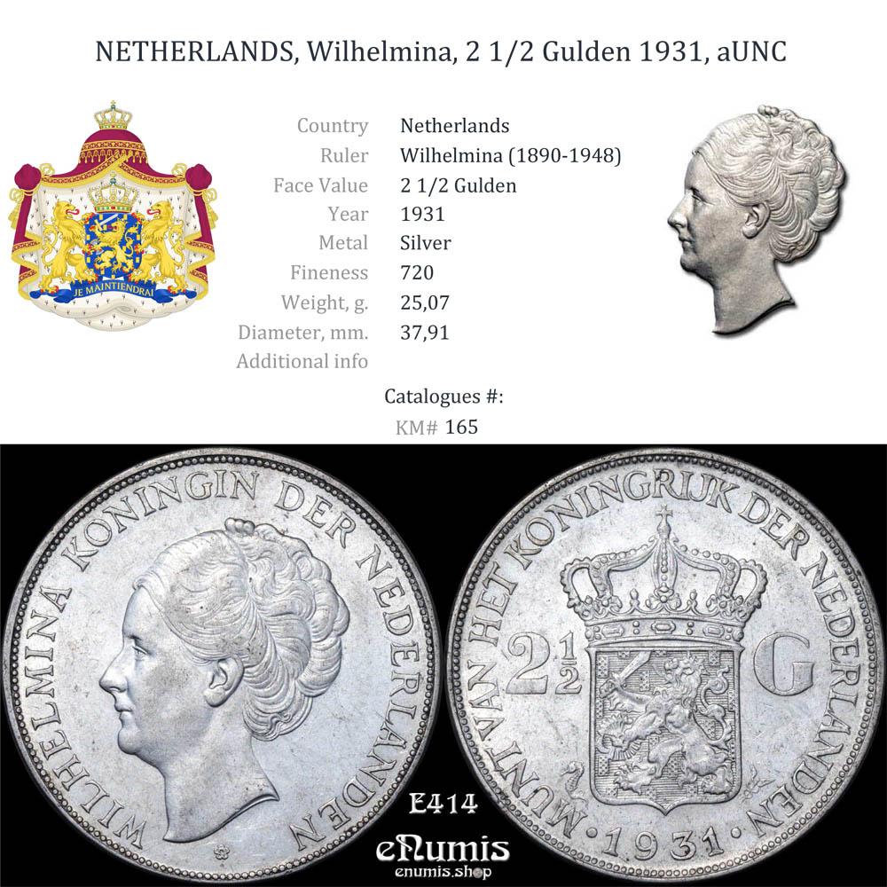NETHERLANDS, Wilhelmina, 2 1/2 Gulden 1931, aUNC NETHERLANDS, Wilhelmina, 2 1/2 Gulden 1931, aUNC