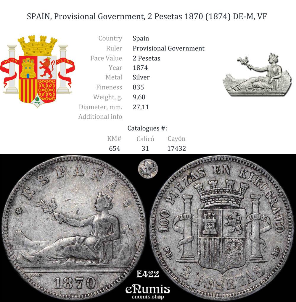 SPAIN, Provisional Government, 2 Pesetas 1870 (1874) DE-M, VF