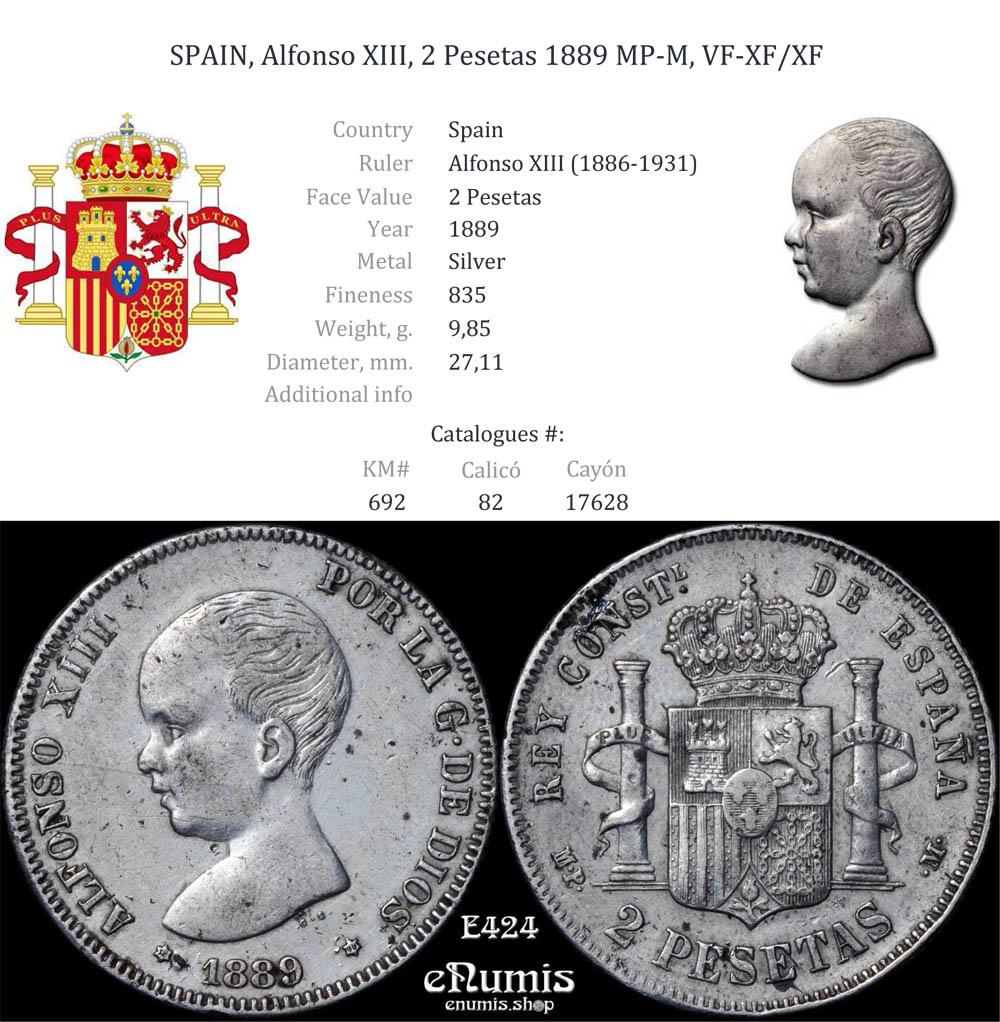 SPAIN, Alfonso XIII, 2 Pesetas 1889 MP-M, VF-XF/XF