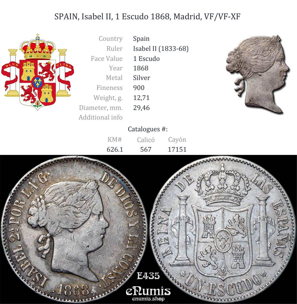SPAIN, Isabel II, 1 Escudo 1868, Madrid, VF/VF-XF