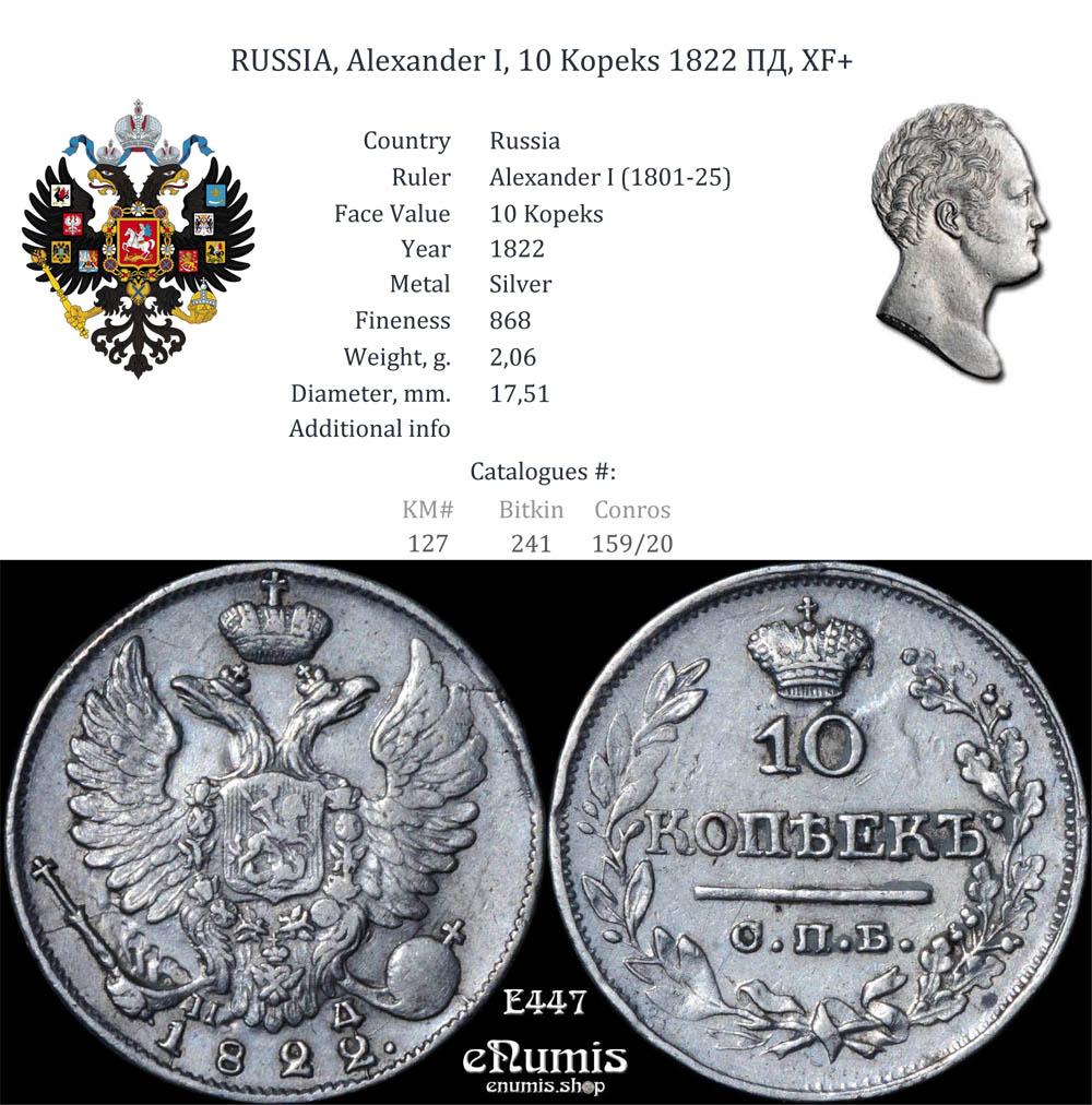 RUSSIA, Alexander I, 10 Kopeks 1822 ПД, XF+
