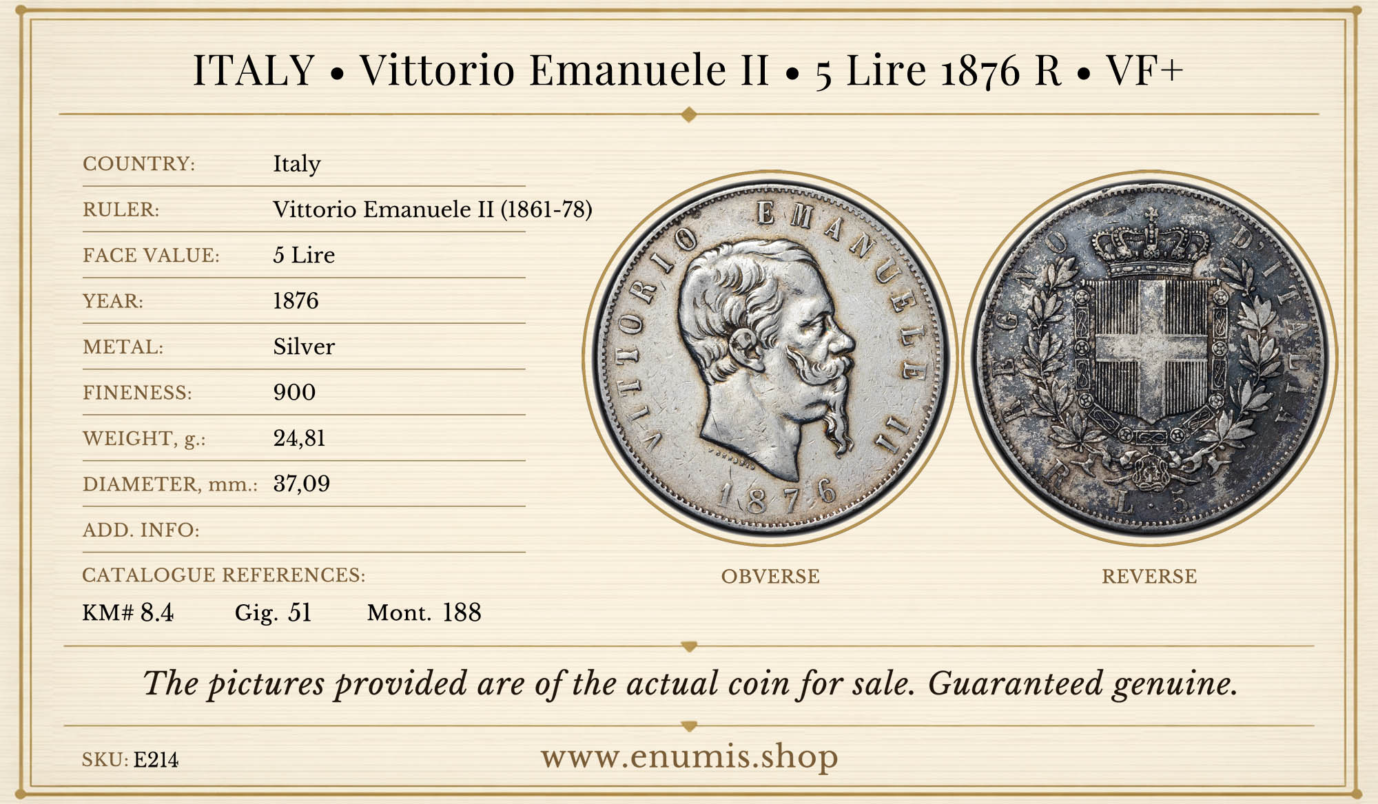 ITALY, Vittorio Emanuele II, 5 Lire 1876 R, VF+