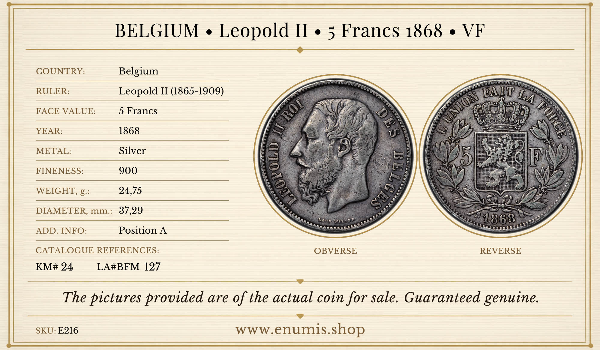 BELGIUM, Leopold II, 5 Francs 1868, VF