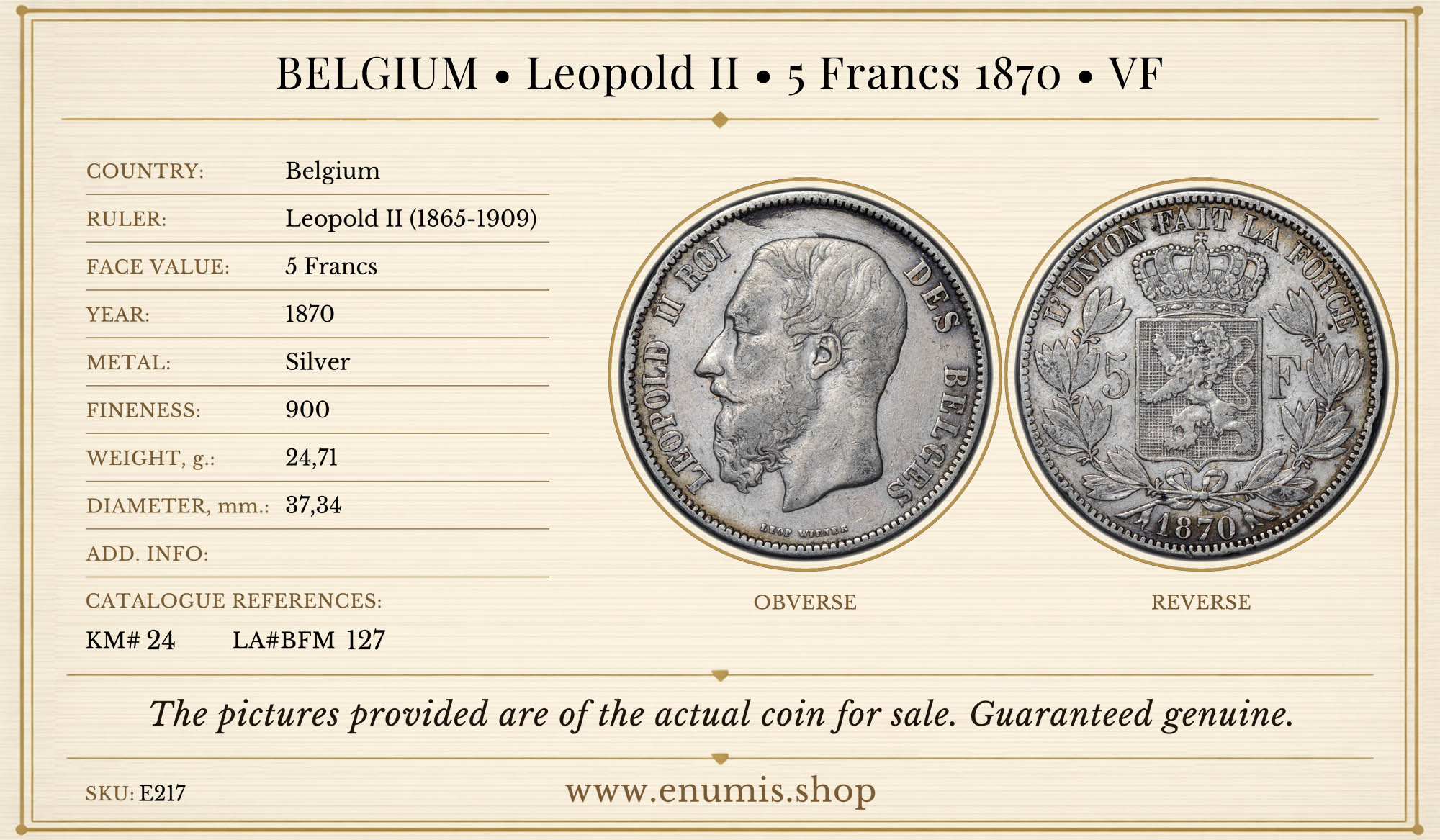 BELGIUM, Leopold II, 5 Francs 1870, VF BELGIUM, Leopold II, 5 Francs 1870, VF