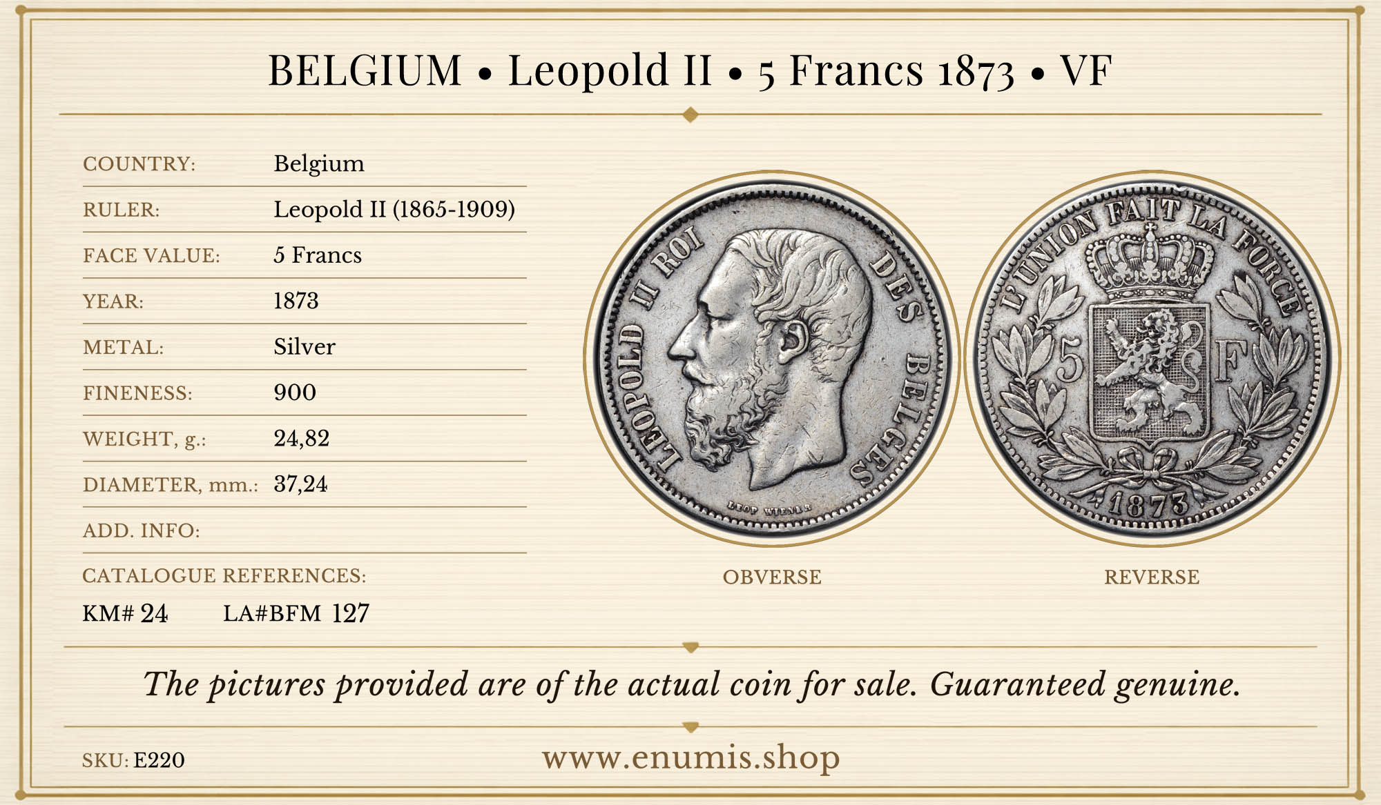 BELGIUM, Leopold II, 5 Francs 1873, VF BELGIUM, Leopold II, 5 Francs 1873, VF