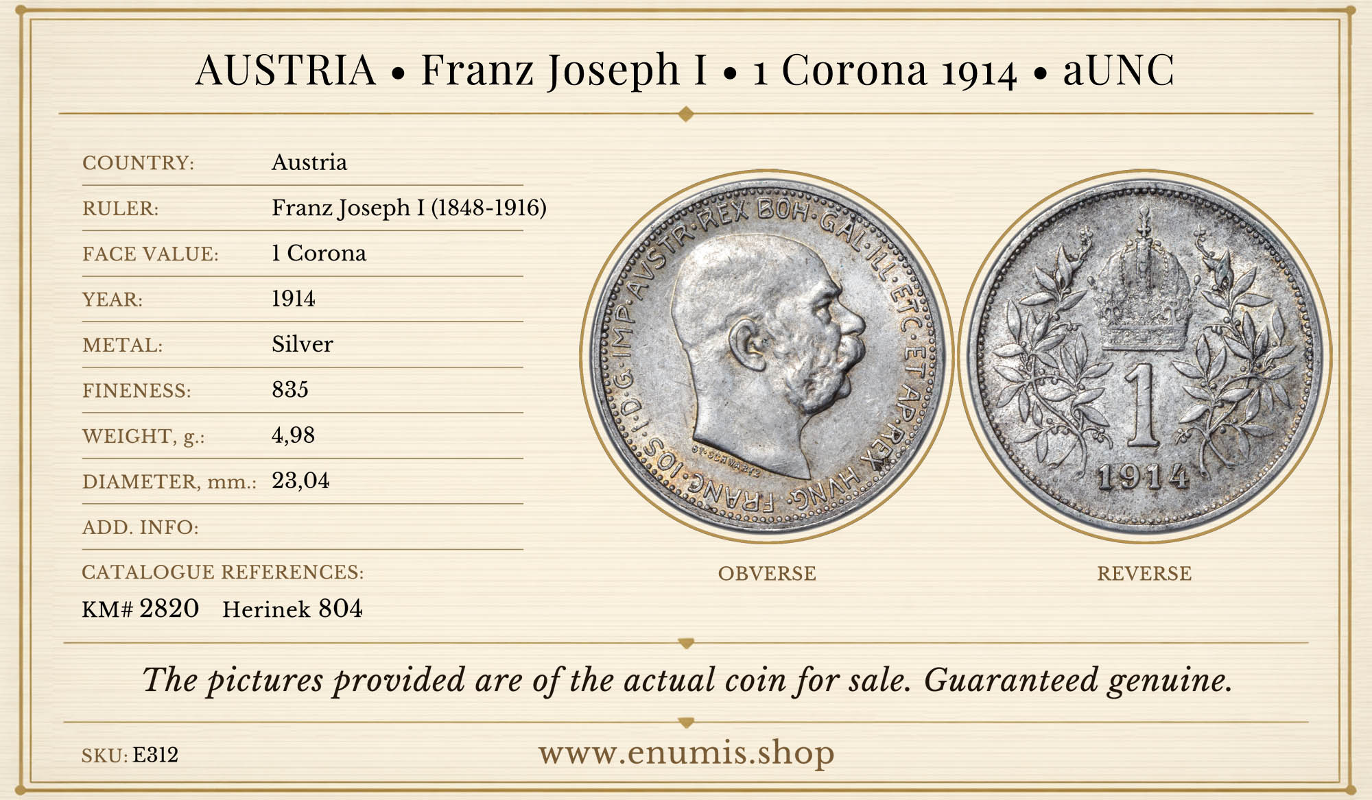 AUSTRIA, Franz Joseph I, 1 Corona 1914, aUNC