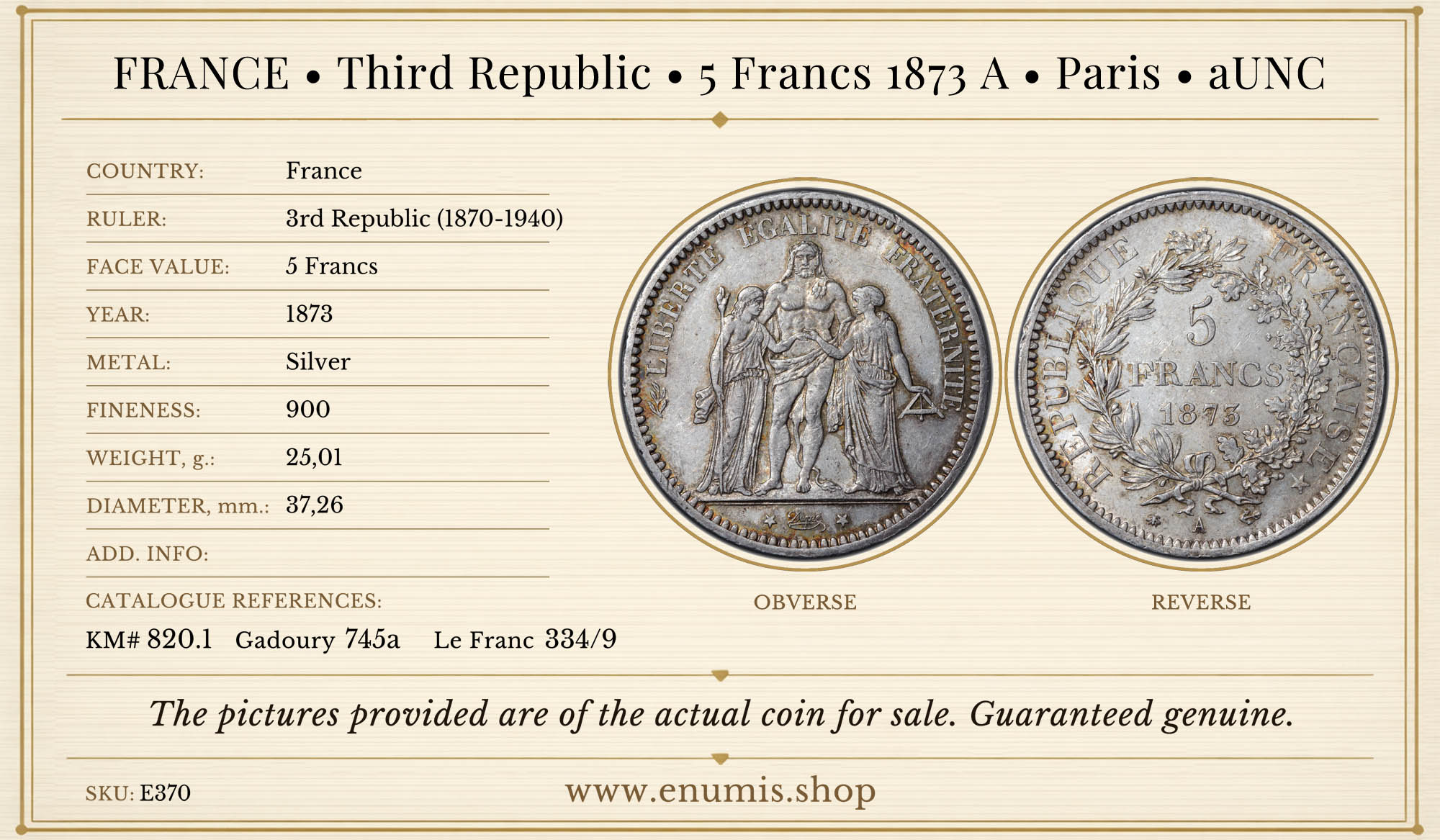 FRANCE, Third Republic, 5 Francs 1873 A, Paris, aUNC