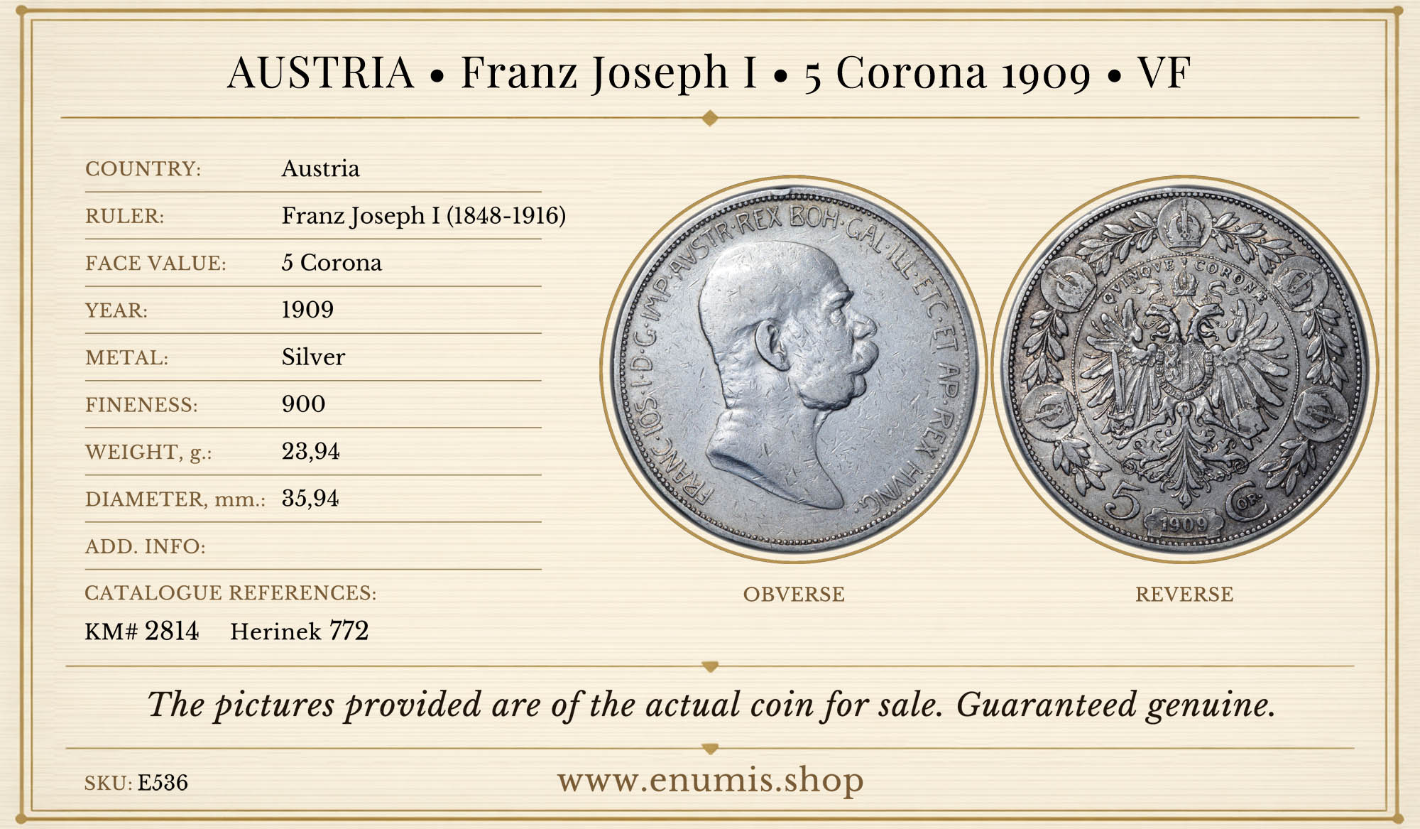 AUSTRIA, Franz Joseph I, 5 Corona 1909, VF AUSTRIA, Franz Joseph I, 5 Corona 1909, VF