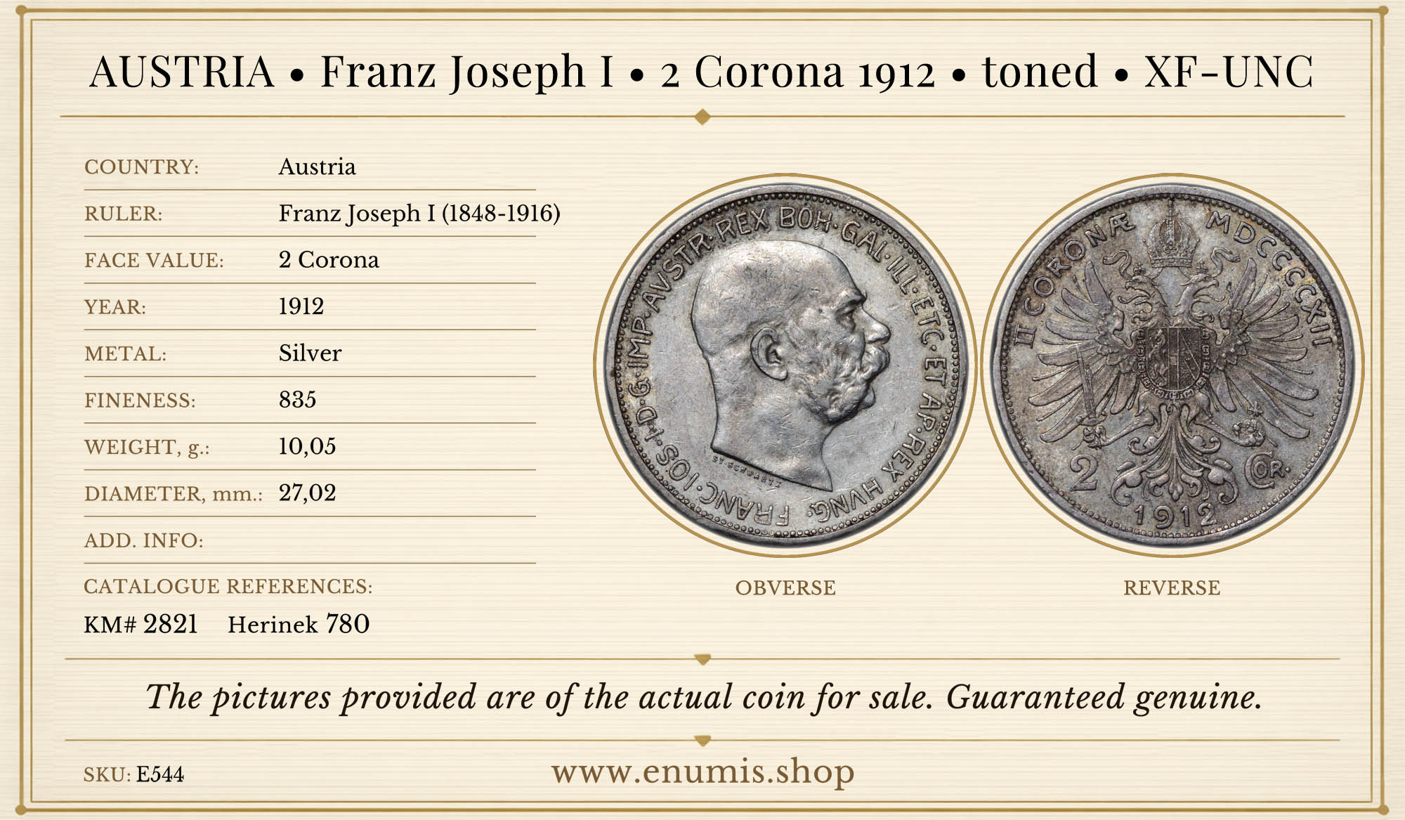 AUSTRIA, Franz Joseph I, 2 Corona 1912, toned, XF-UNC