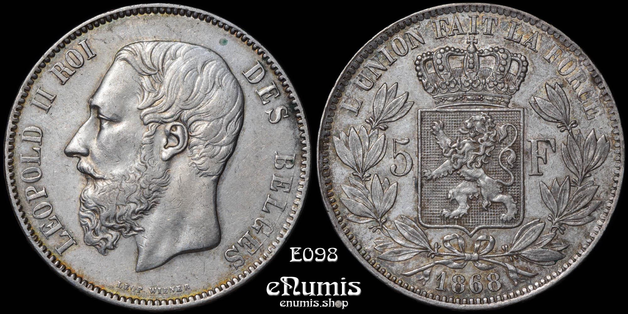BELGIUM, Leopold II, 5 Francs 1868, XF-UNC/UNC BELGIUM, Leopold II, 5 Francs 1868, XF-UNC/UNC
