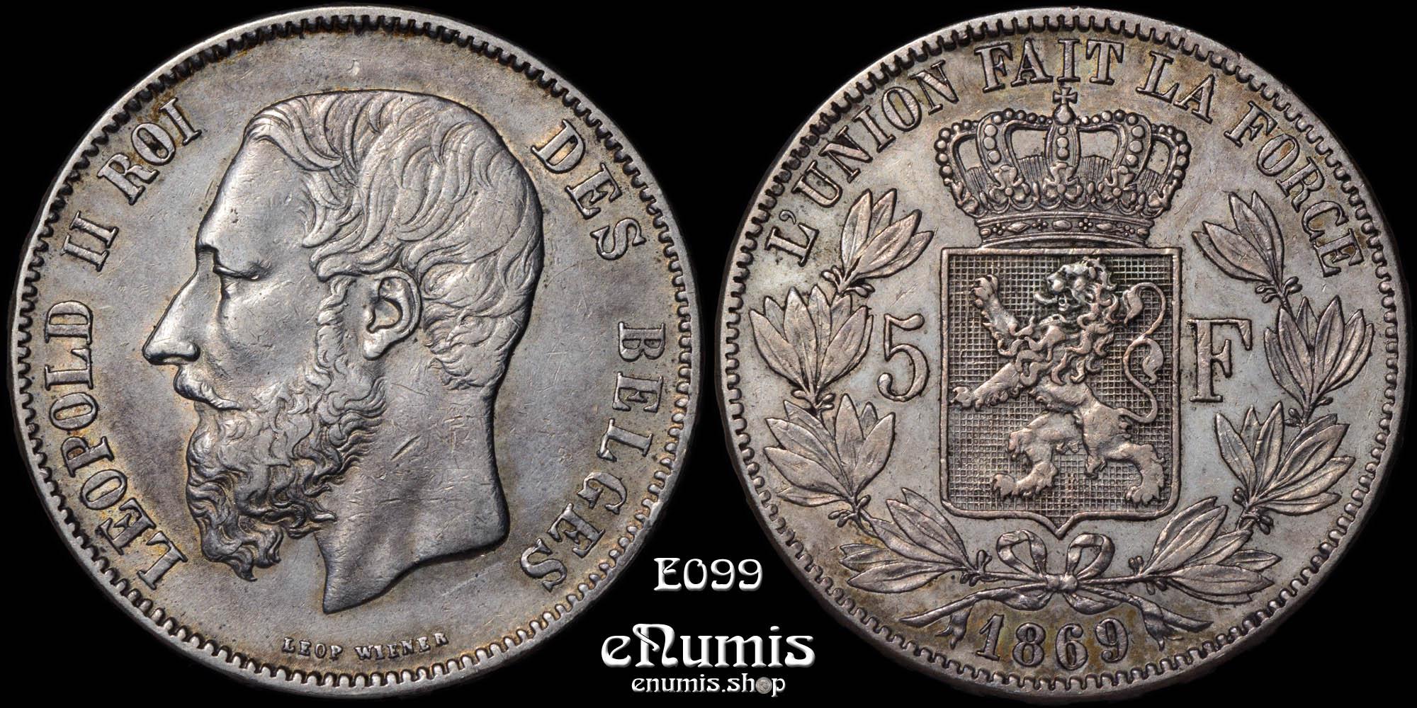 BELGIUM, Leopold II, 5 Francs 1869, toned, XF/XF+ BELGIUM, Leopold II, 5 Francs 1869, toned, XF/XF+