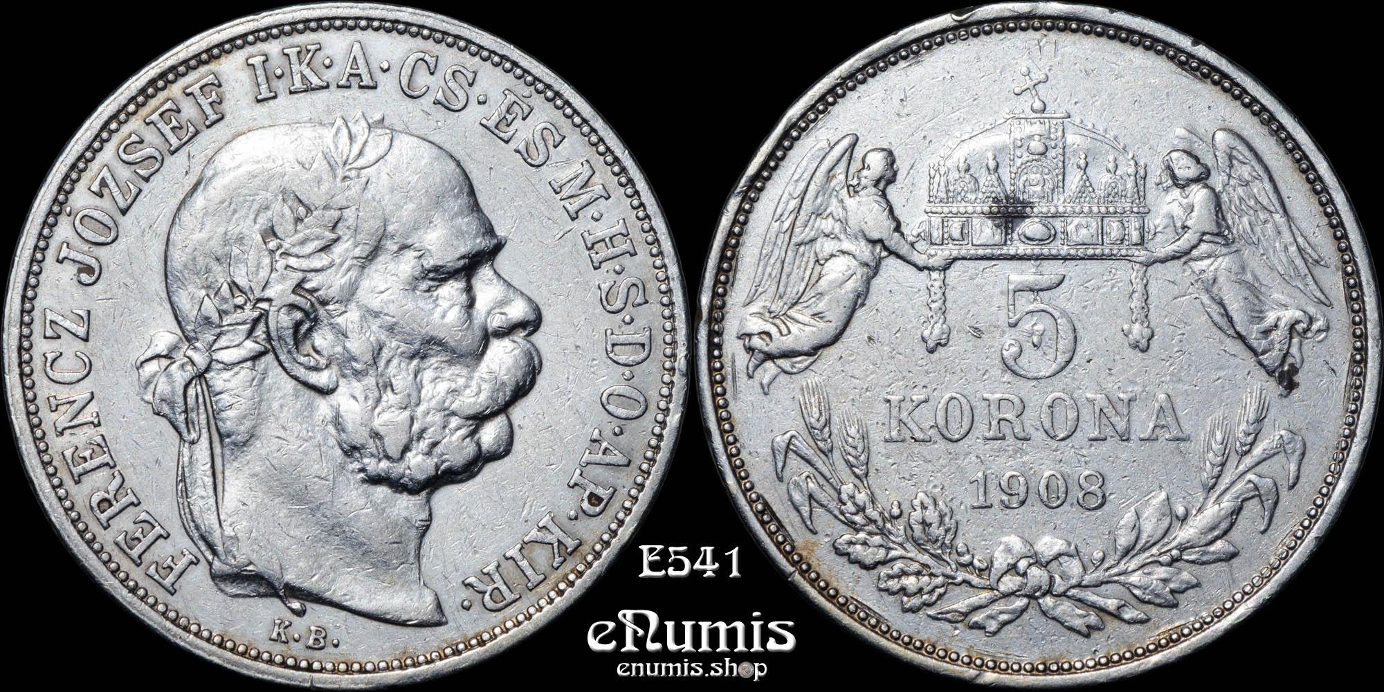 HUNGARY, Franz Joseph I, 5 Korona 1908, VF+