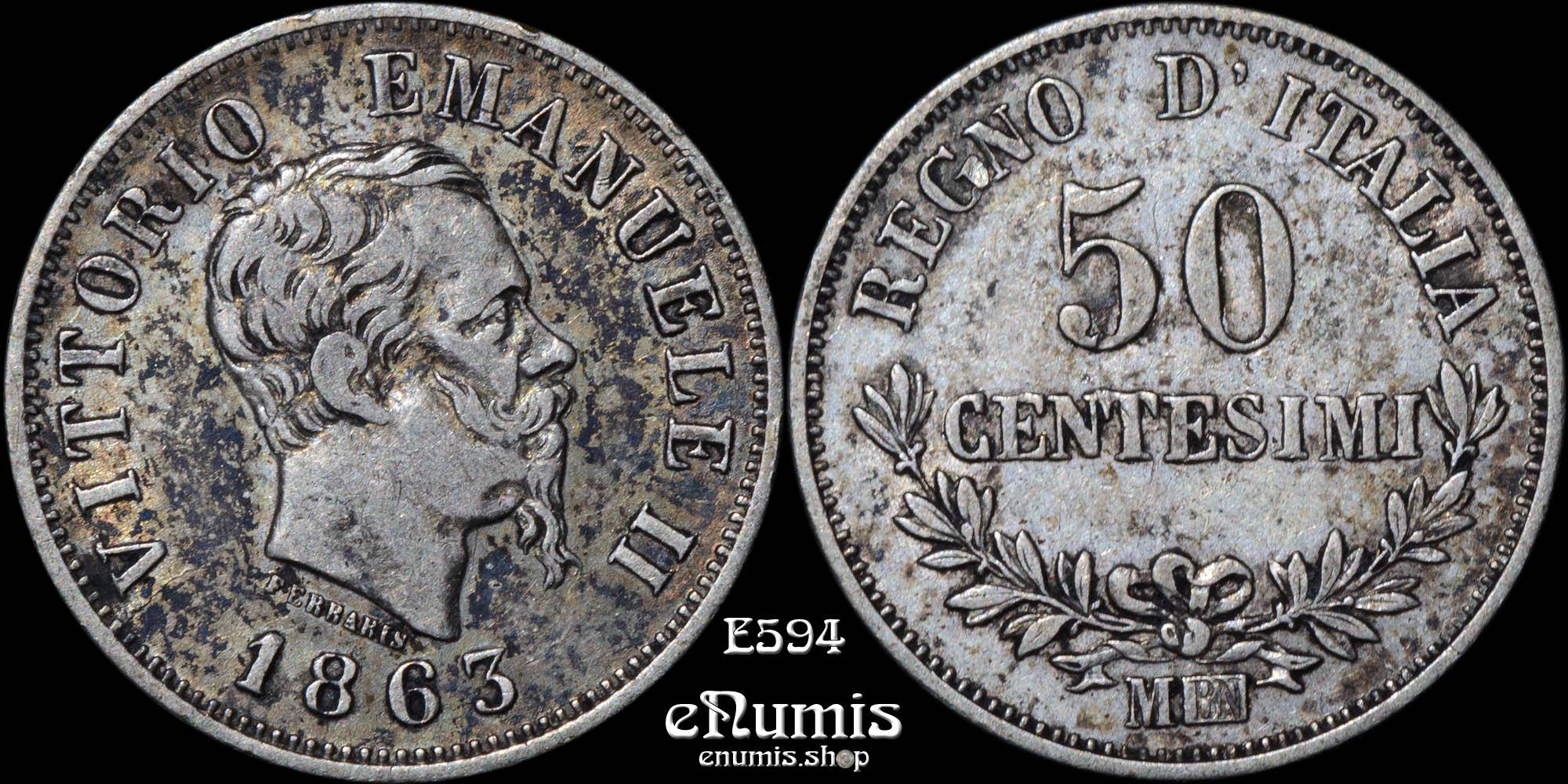 ITALY, Vittorio Emanuele II, 50 Centesimi 1863 M-BN, VF-XF/aXF