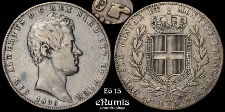 ITALY, SARDINIA, Carlo Alberto, 5 Lire 1836, Eagle, Torino, Rare!, VF/VF+