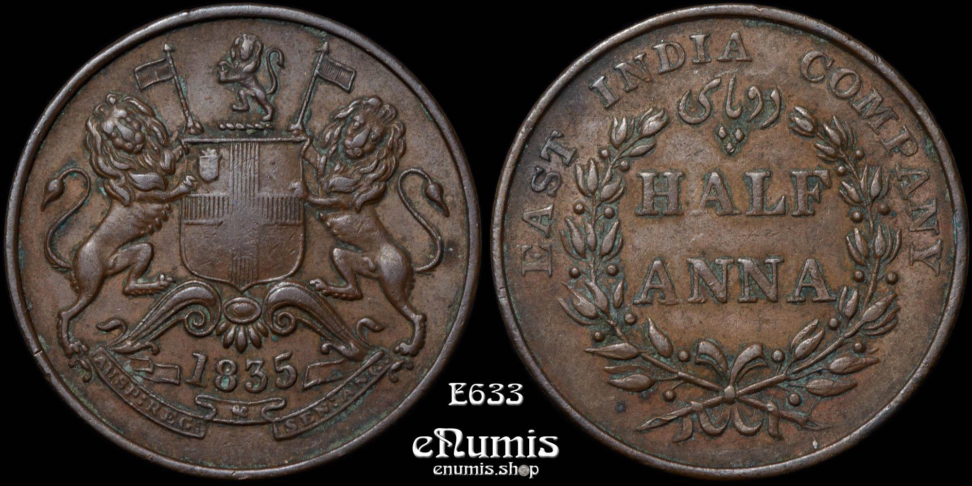 INDIA, East India Company, 1/2 Anna 1835, Bombay, aXF