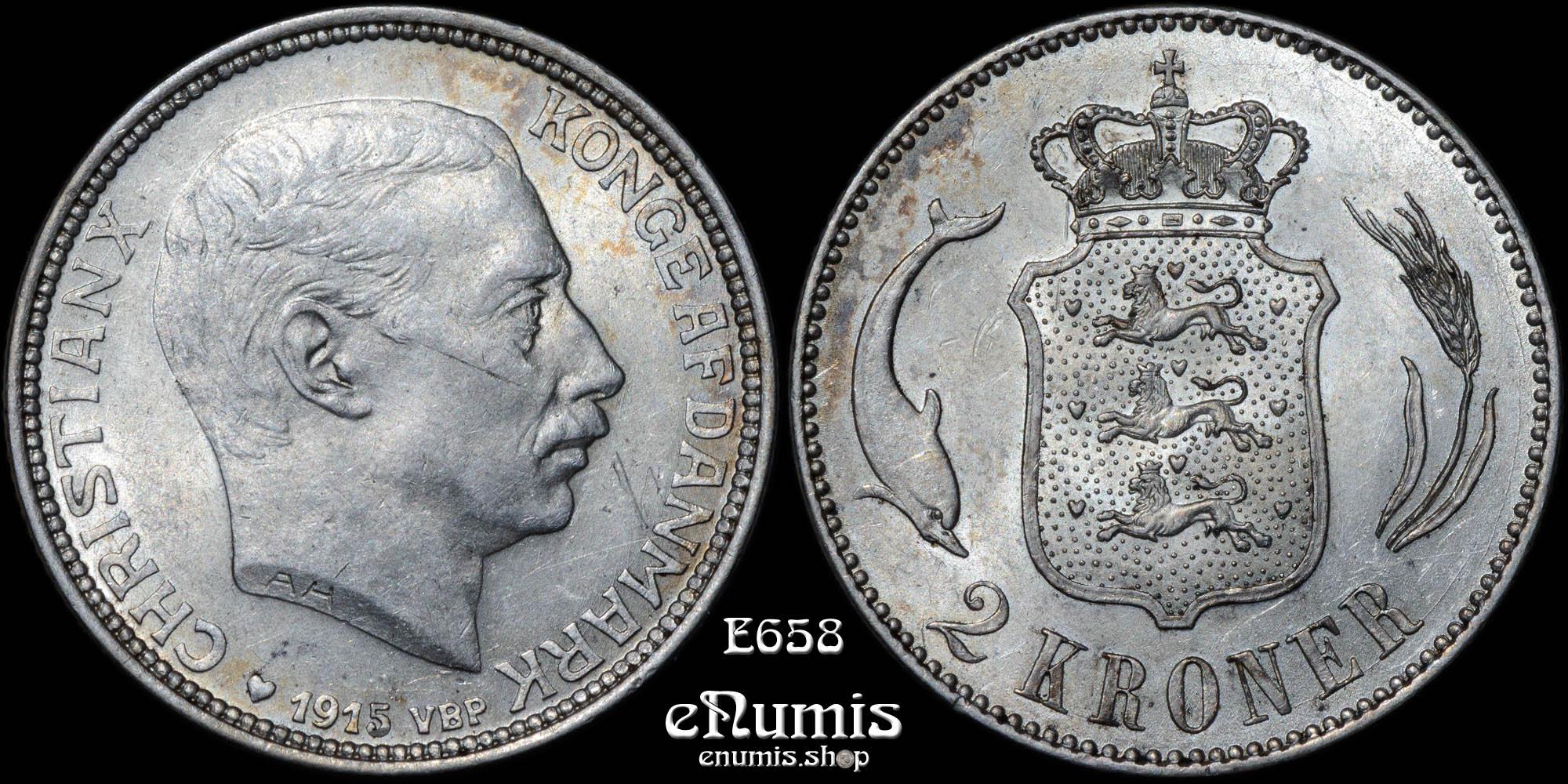 DENMARK, Christian X, 2 Kroner 1915 VBP AH, aUNC/UNC