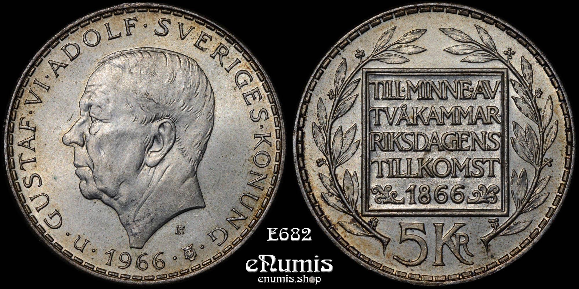SWEDEN, Gustaf VI Adolf, 5 Kronor 1966, 100th Anniversary of Constitution Reform, UNC SWEDEN, Gustaf VI Adolf, 5 Kronor 1966, 100th Anniversary of Constitution Reform, UNC