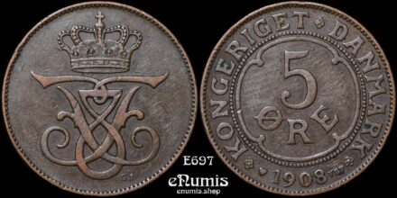 DENMARK, Frederick VIII, 5 Ore 1908, VF-XF