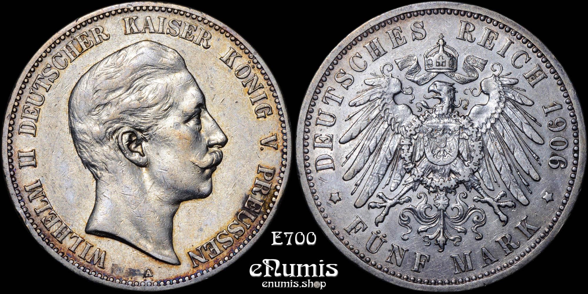 GERMANY PRUSSIA, Wilhelm II, 5 Mark 1906, Rare year, VF-XF