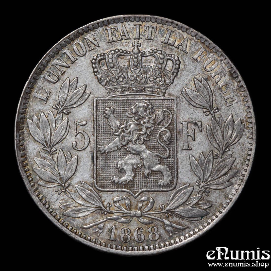 BELGIUM, Leopold II, 5 Francs 1868, XF-UNC/UNC BELGIUM, Leopold II, 5 Francs 1868, XF-UNC/UNC