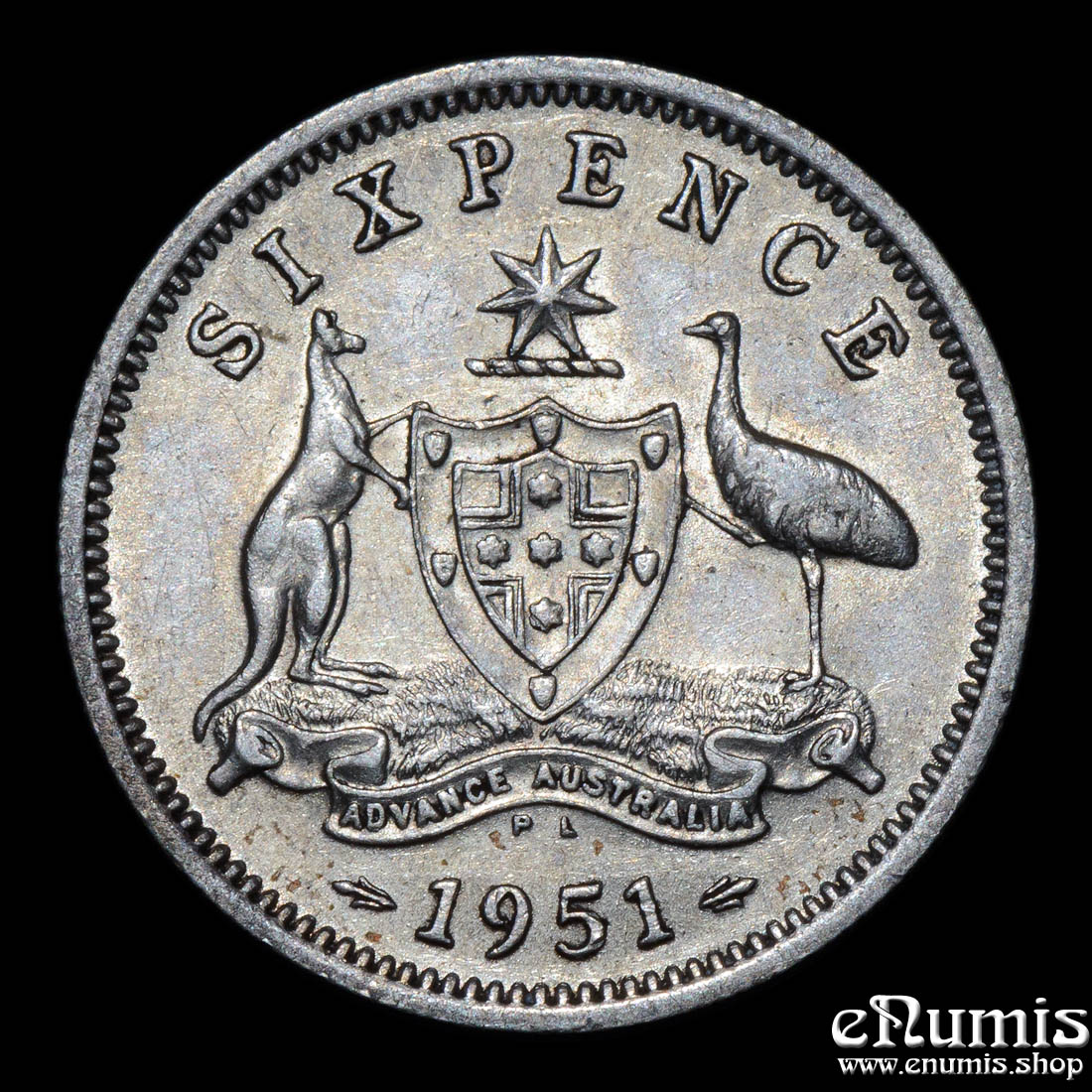 AUSTRALIA, George VI, 6 Pence Sixpence 1951 PL, aUNC