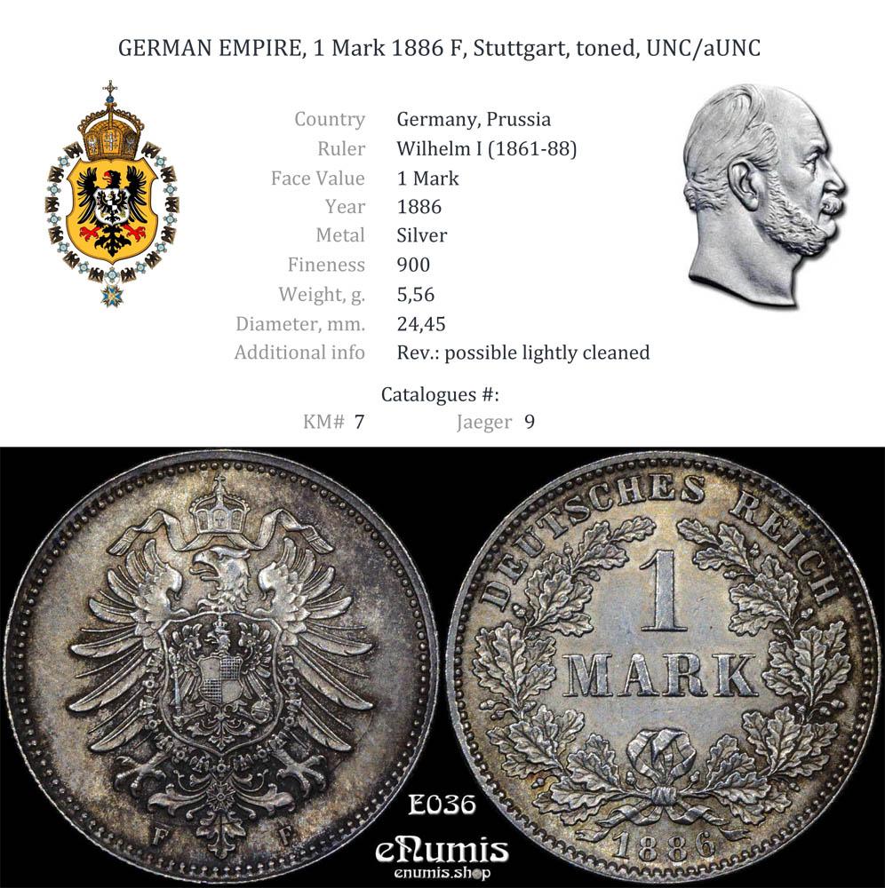 GERMAN EMPIRE, 1 Mark 1886 F, Stuttgart, toned, UNC/aUNC