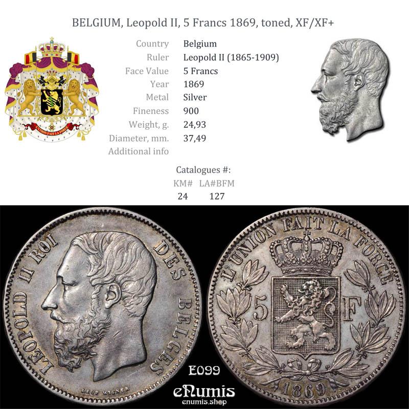 BELGIUM, Leopold II, 5 Francs 1869, toned, XF/XF+ BELGIUM, Leopold II, 5 Francs 1869, toned, XF/XF+