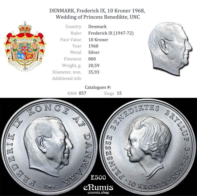 DENMARK, Frederick IX, 10 Kroner 1968, Wedding of Princess Benedikte, UNC