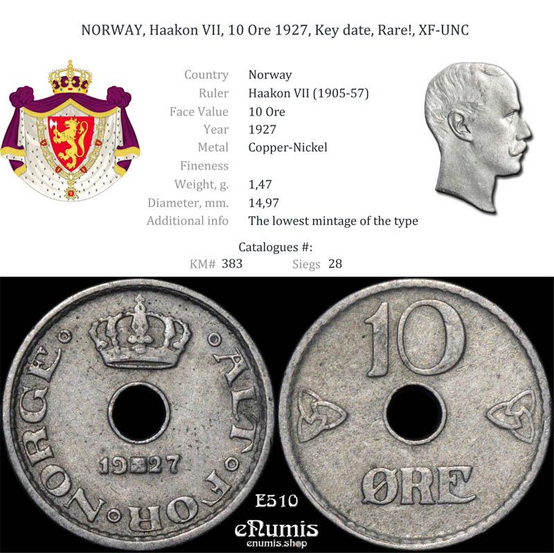 NORWAY, Haakon VII, 10 Ore 1927, Key date, Rare!, XF-UNC NORWAY, Haakon VII, 10 Ore 1927, Key date, Rare!, XF-UNC