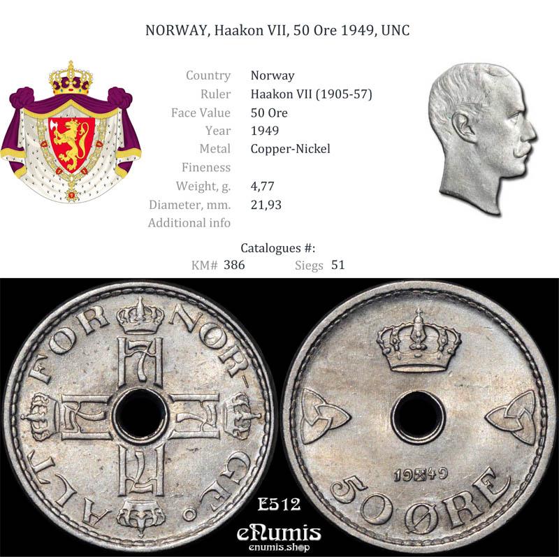 NORWAY, Haakon VII, 50 Ore 1949, UNC