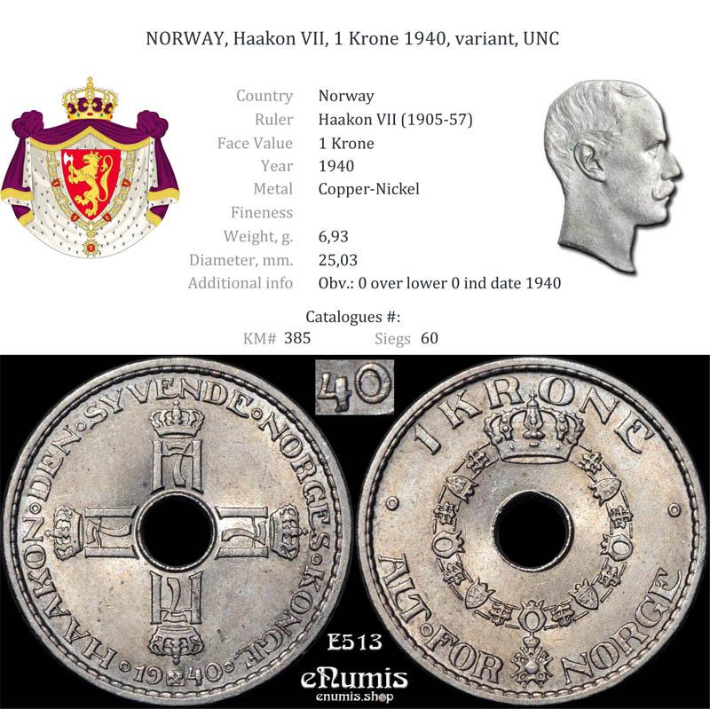 NORWAY, Haakon VII, 1 Krone 1940, variant, UNC
