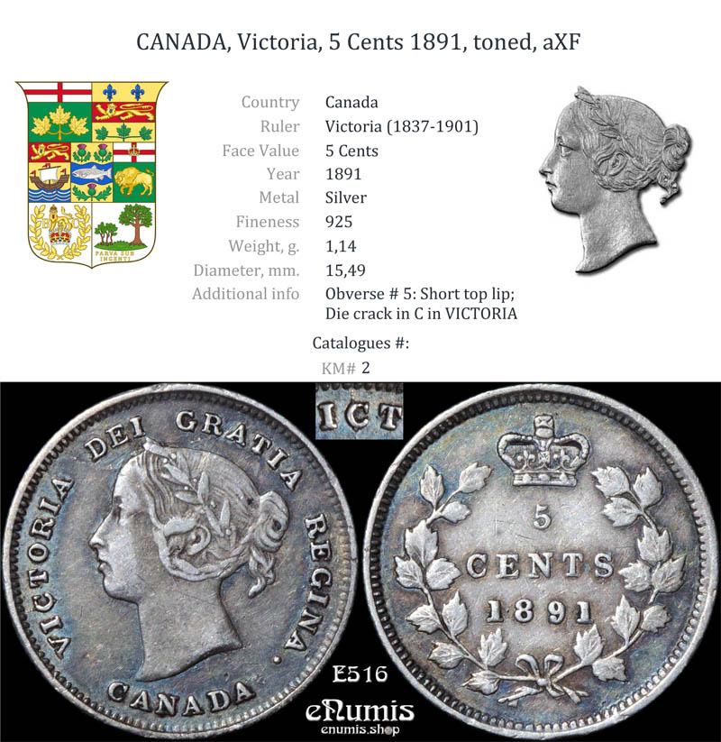 CANADA, Victoria, 5 Cents 1891, toned, aXF