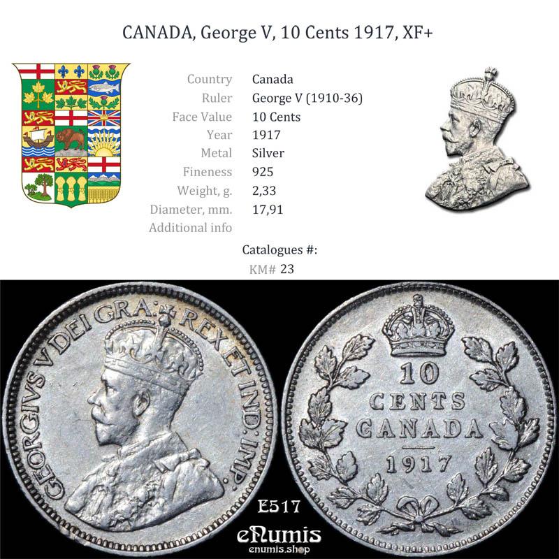 CANADA, George V, 10 Cents 1917, XF+