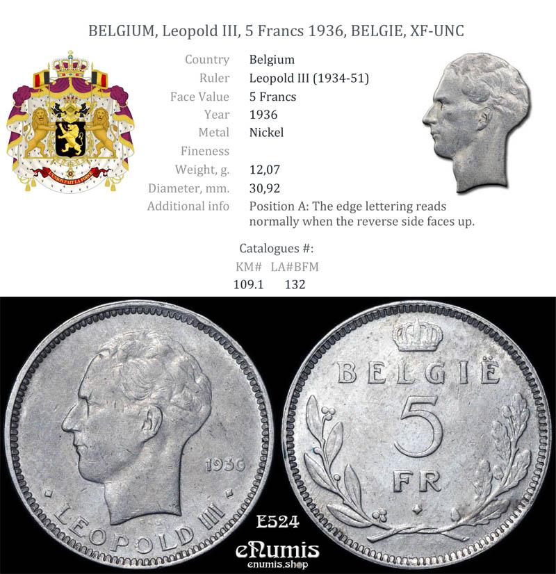 BELGIUM, Leopold III, 5 Francs 1936, BELGIE, XF-UNC