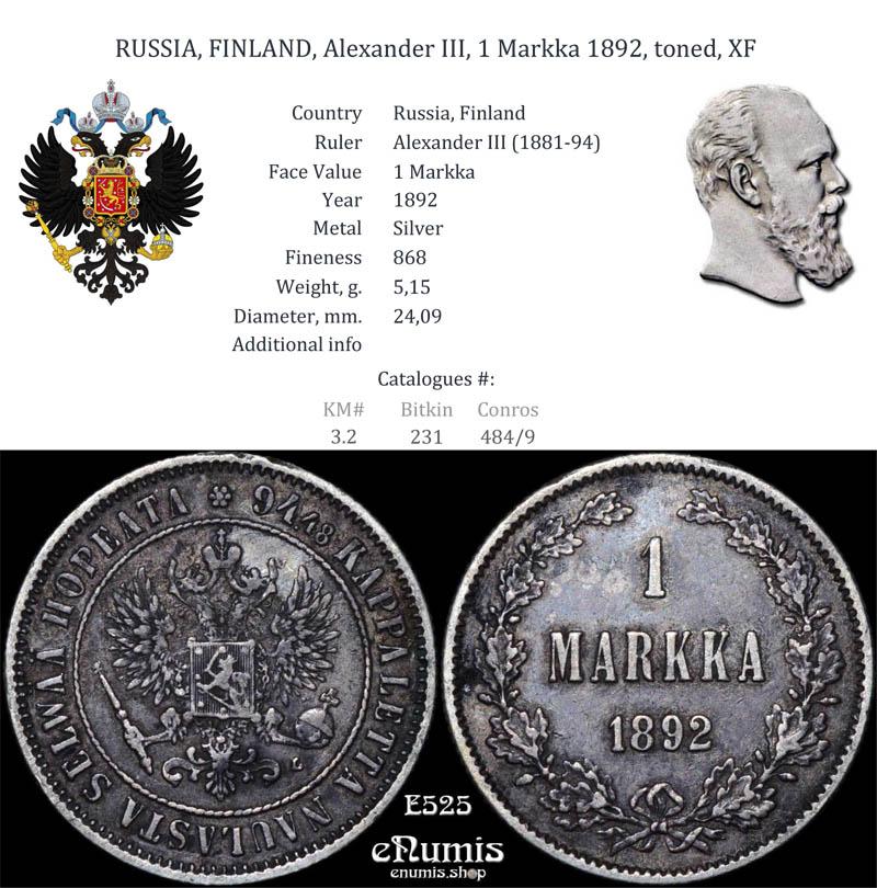 RUSSIA, FINLAND, Alexander III, 1 Markka 1892, toned, XF