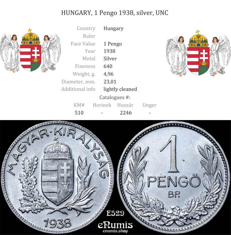 HUNGARY, 1 Pengo 1938, silver, UNC HUNGARY, 1 Pengo 1938, silver, UNC