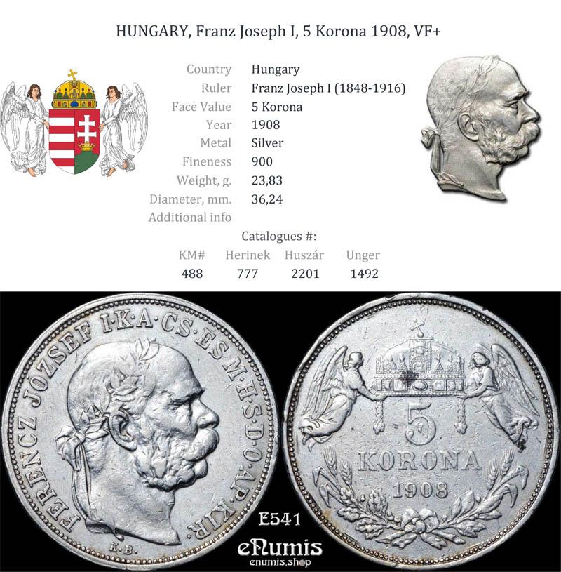 HUNGARY, Franz Joseph I, 5 Korona 1908, VF+