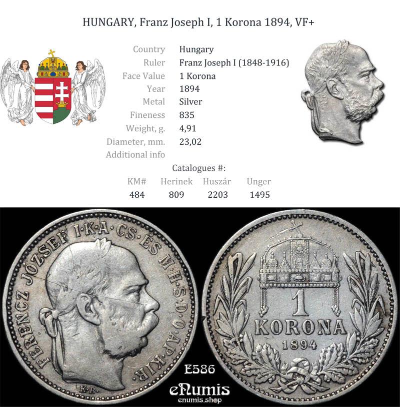HUNGARY, Franz Joseph I, 1 Korona 1894, VF+