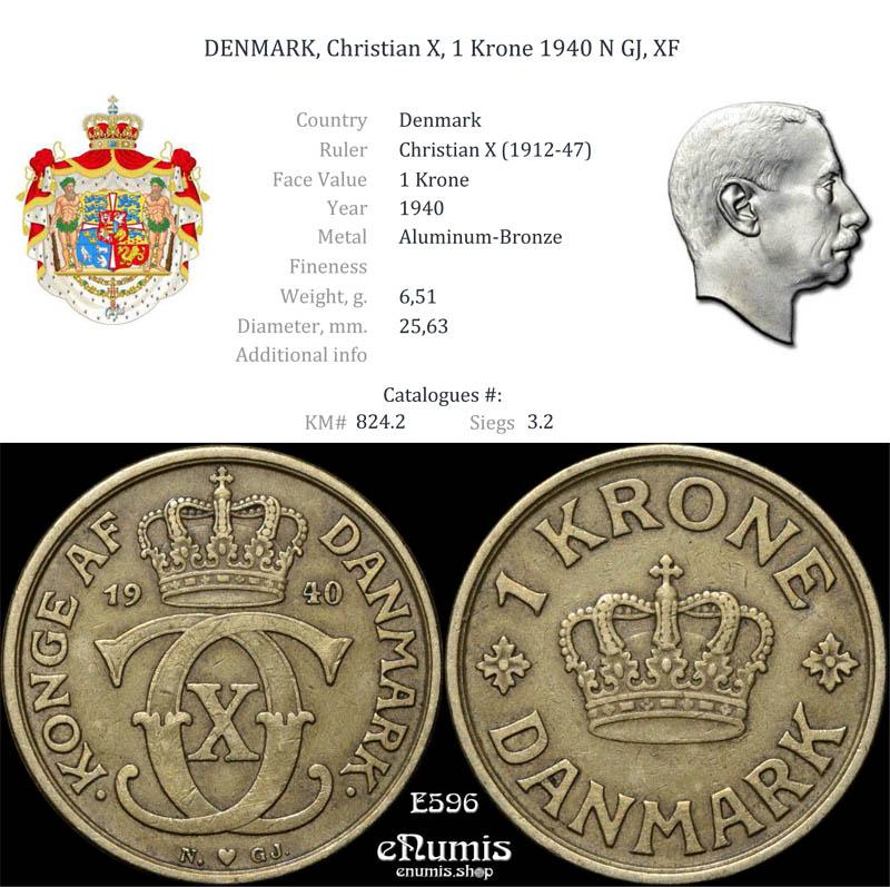 DENMARK, Christian X, 1 Krone 1940 N GJ, XF