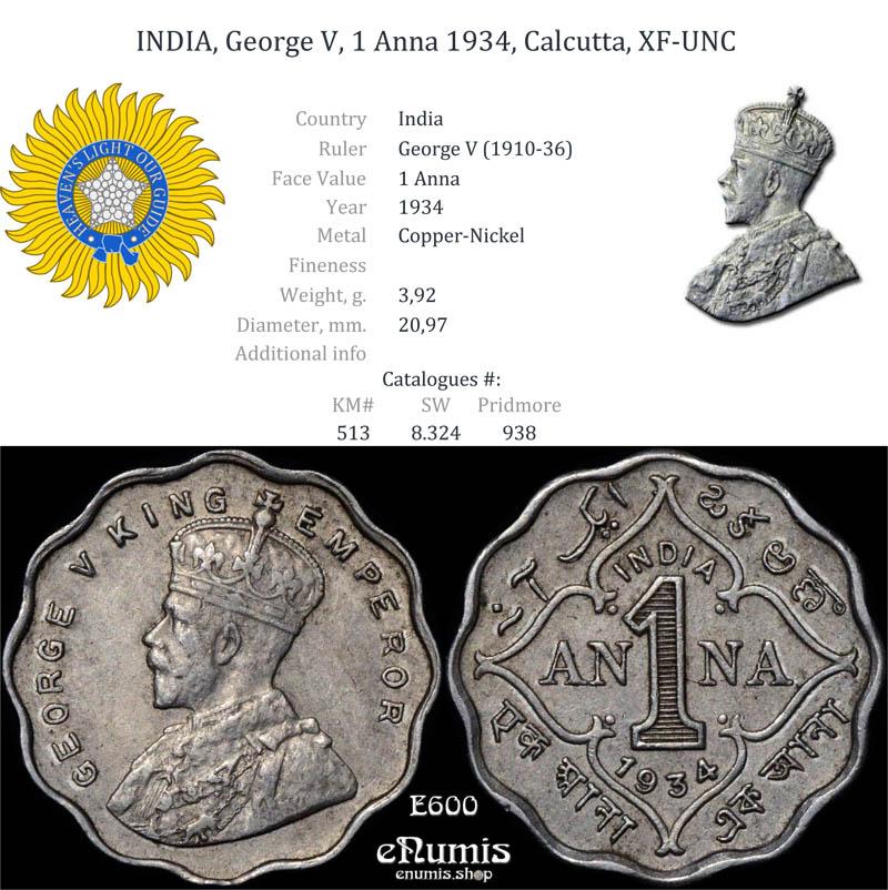 INDIA, George V, 1 Anna 1934, Calcutta, XF-UNC