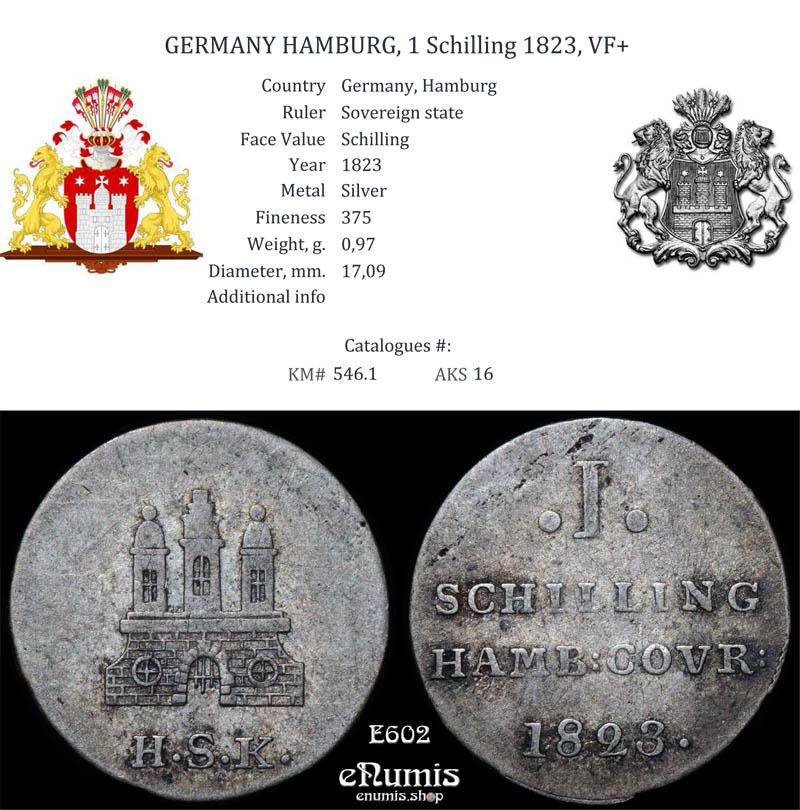 GERMANY HAMBURG, 1 Schilling 1823, VF+