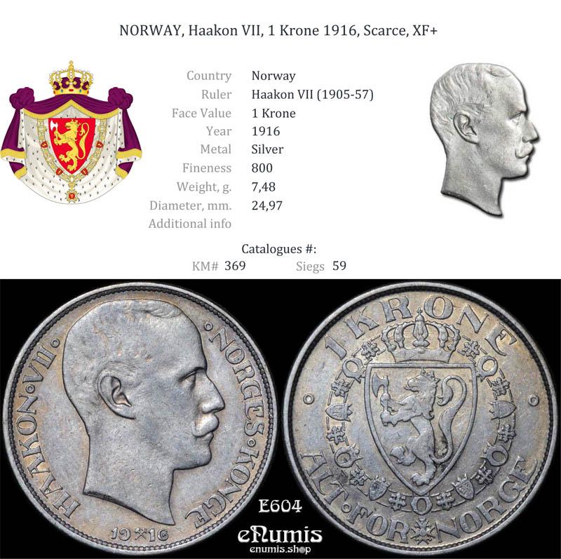 NORWAY, Haakon VII, 1 Krone 1916, Scarce, XF+