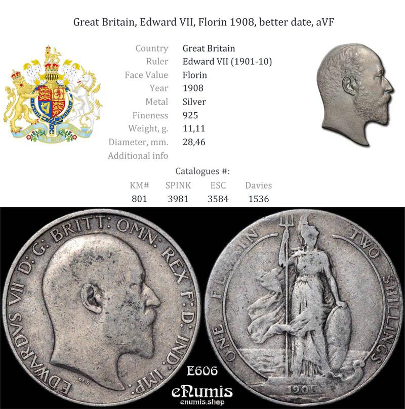 Great Britain, Edward VII, Florin 1908, better date, aVF