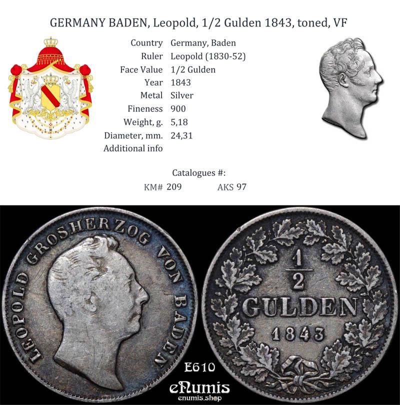 GERMANY BADEN, Leopold, 1/2 Gulden 1843, toned, VF