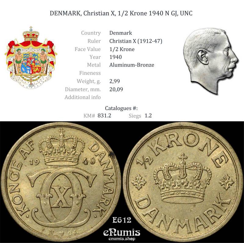 DENMARK, Christian X, 1/2 Krone 1940 N GJ, UNC