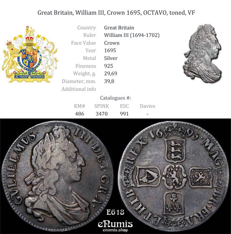 Great Britain, William III, Crown 1695, OCTAVO, toned, VF Great Britain, William III, Crown 1695, OCTAVO, toned, VF