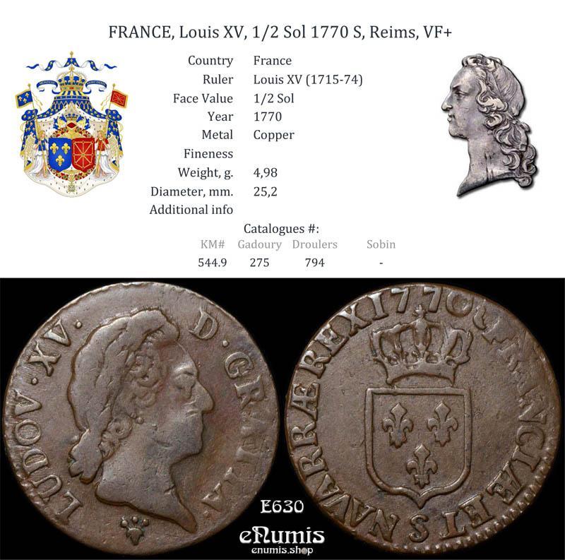 FRANCE, Louis XV, 1/2 Sol 1770 S, Reims, VF+