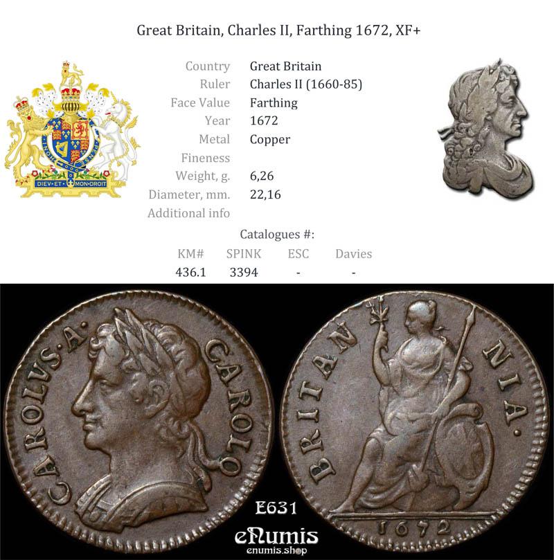 Great Britain, Charles II, Farthing 1672, XF+ Great Britain, Charles II, Farthing 1672, XF+